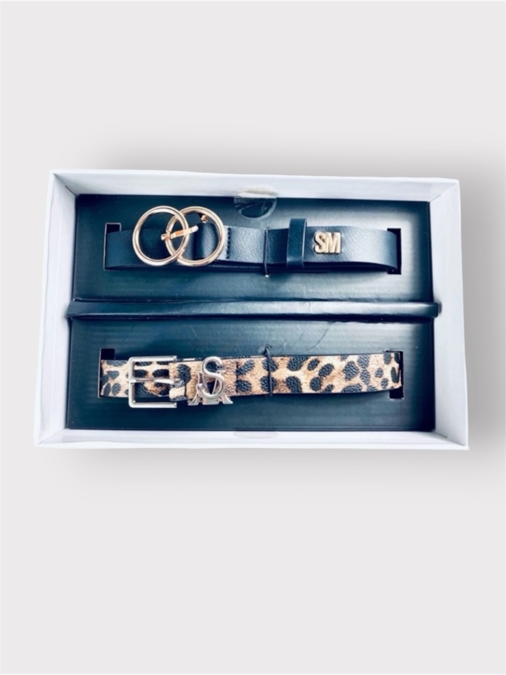 NIB Steve Madden leopard print/black belt box set of 2 size large/XL